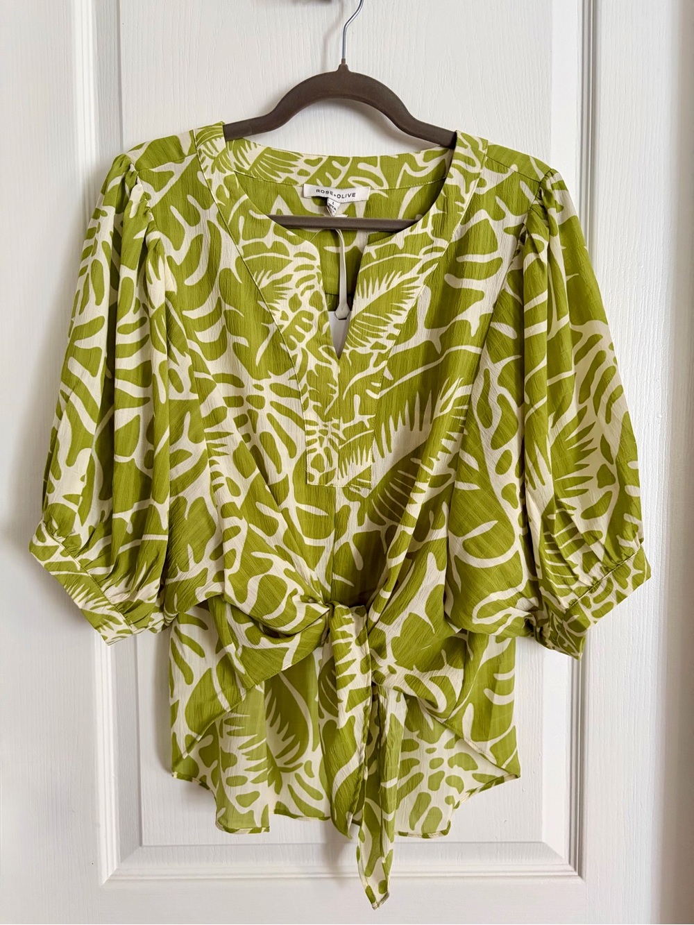 Rose & Olive Lime Green Palm-Print Women's Blouse - Picture 2 of 5